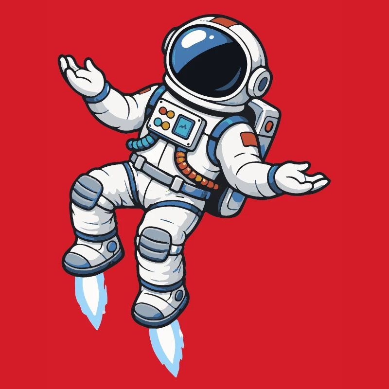 Schwebender Comic Astronaut mit Raketenantrieb