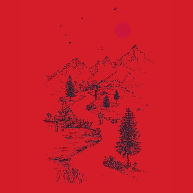 Red trail through mountain landscape