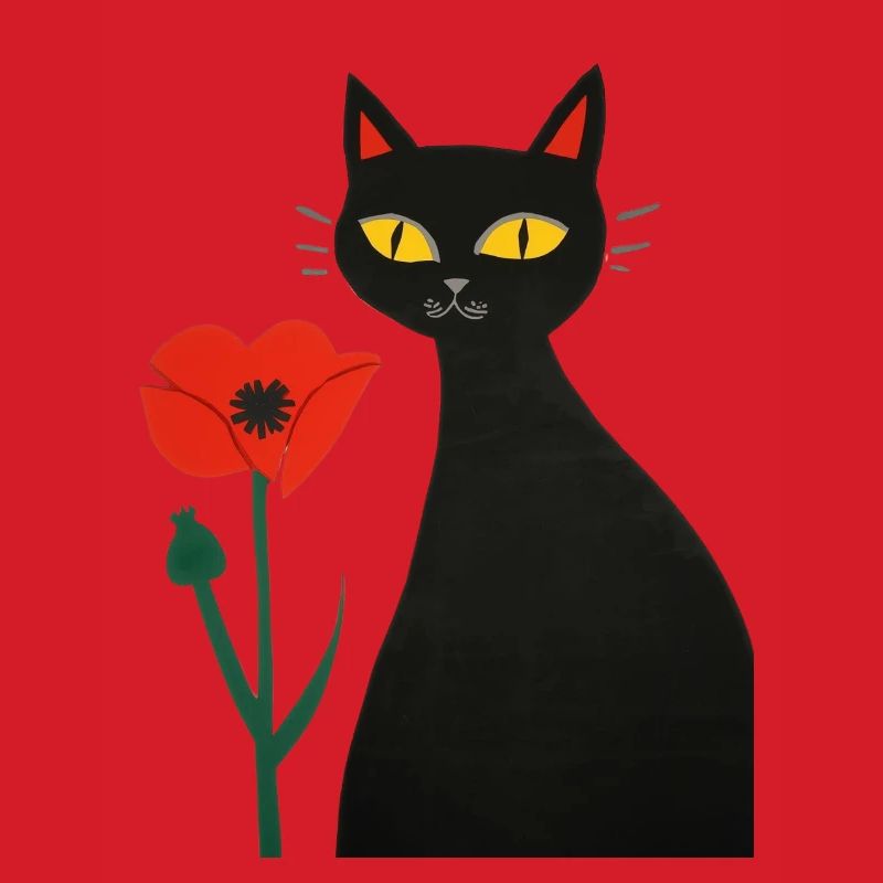 Schwarze Katze mit Mohnblumen