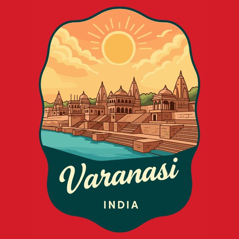Varanasi-Ganges-Fluss Retro-Sonnenuntergangs-Reiseabzeichen