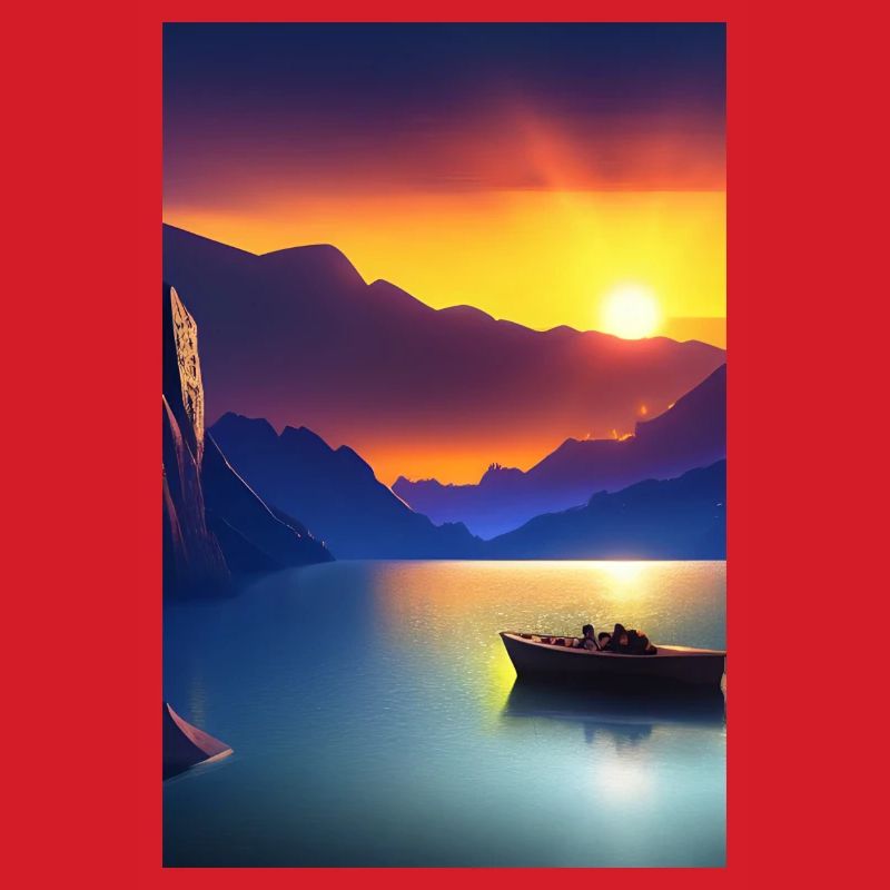 Landschaft mit See, Boot und Berge