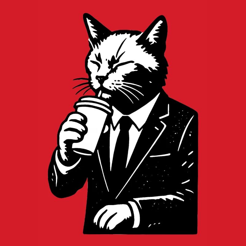 Cat in a suit drinks coffee