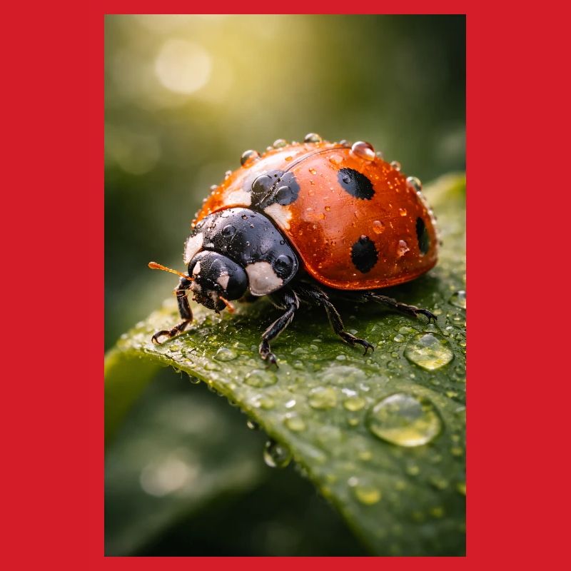 Red ladybug on dewdrops