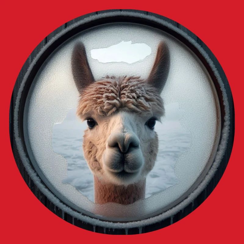 Alpaca looking through a window