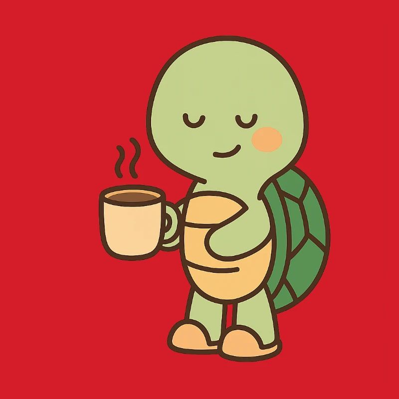 Schildkröte mit einer Tasse Kaffee (links)