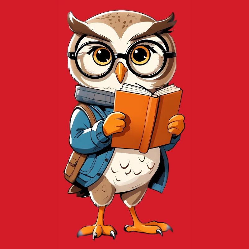 Learning owl with glasses reads book