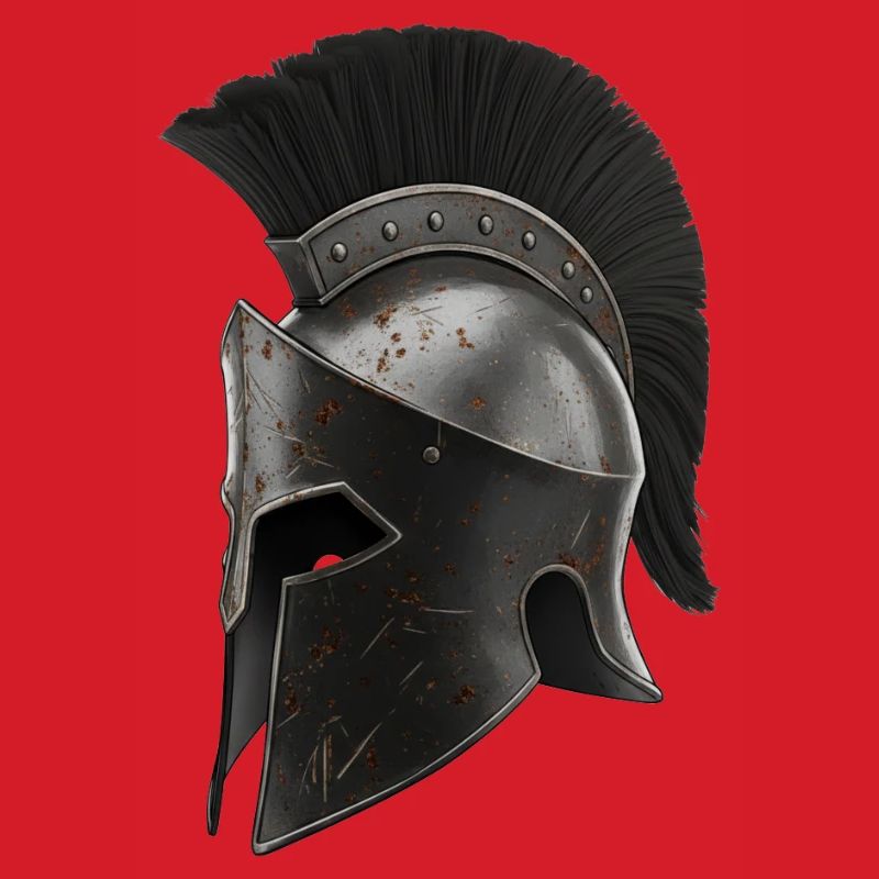 Rostiger Kriegerhelm mit schwarzer Feder