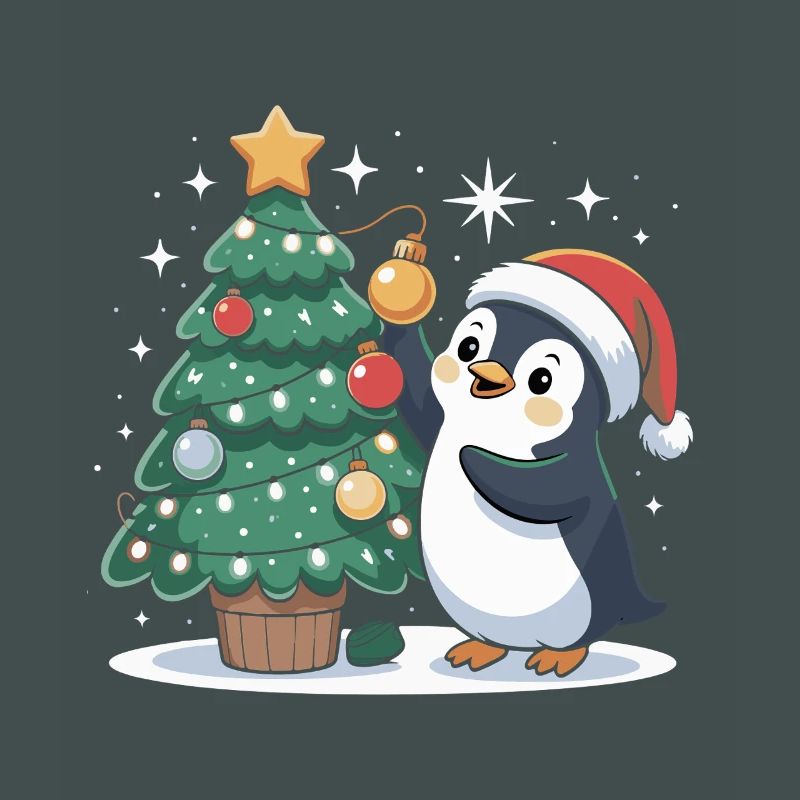 Penguin decorates Christmas tree