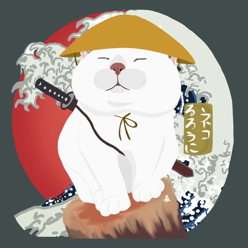 Samurai Katze sitzt auf dem Holz