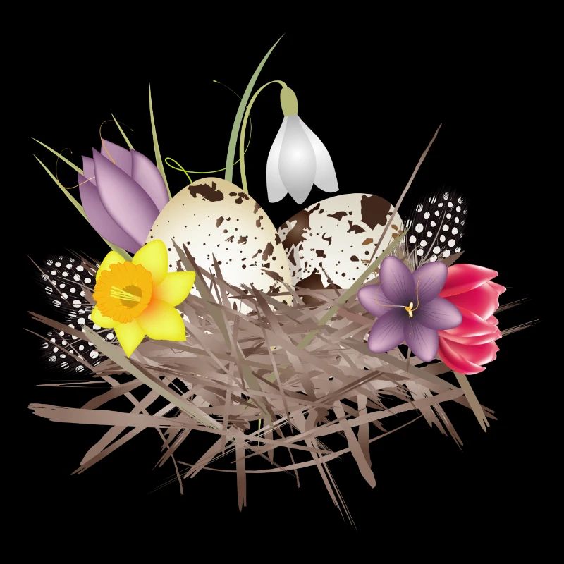 Spring nest with eggs, feathers and spring flowers