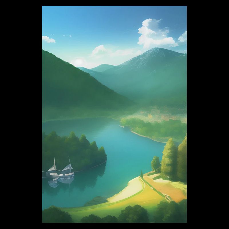 Landschaft mit See, Boot und Berge