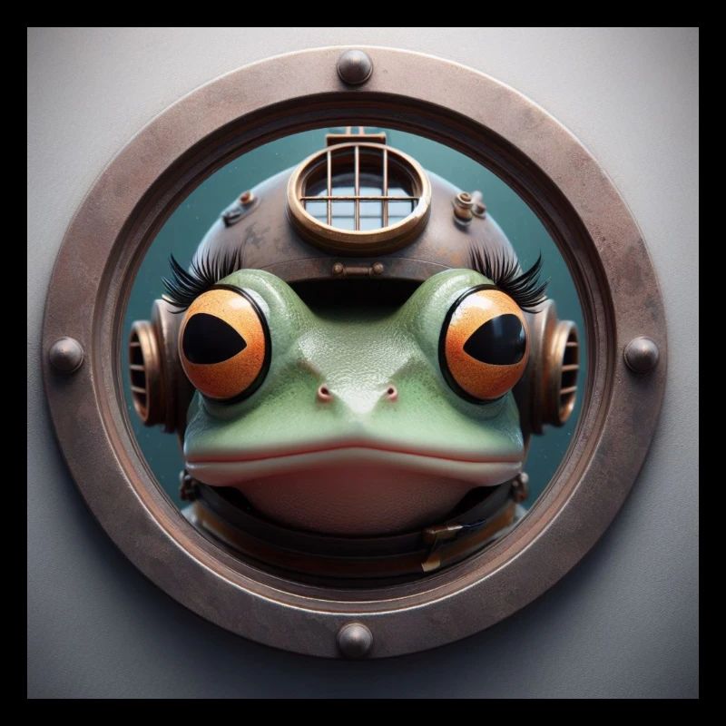 Frog with diving helmet looking through porthole