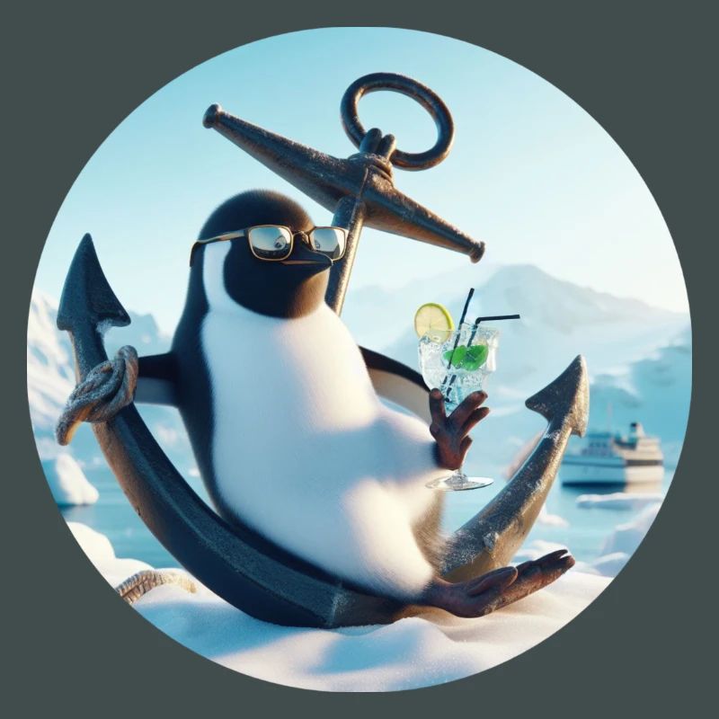 Casual penguin sits on anchor and drinks