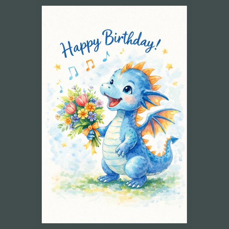 Blauer Drache mit Blumenstrauß