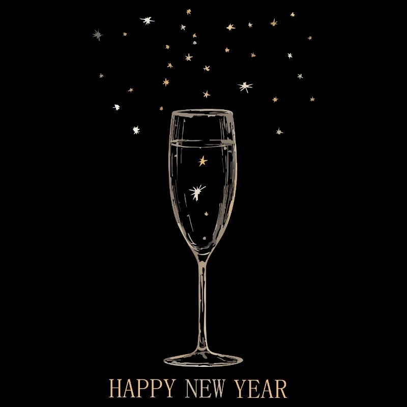 Sektglas mit Sternen und Neujahrsgruß.