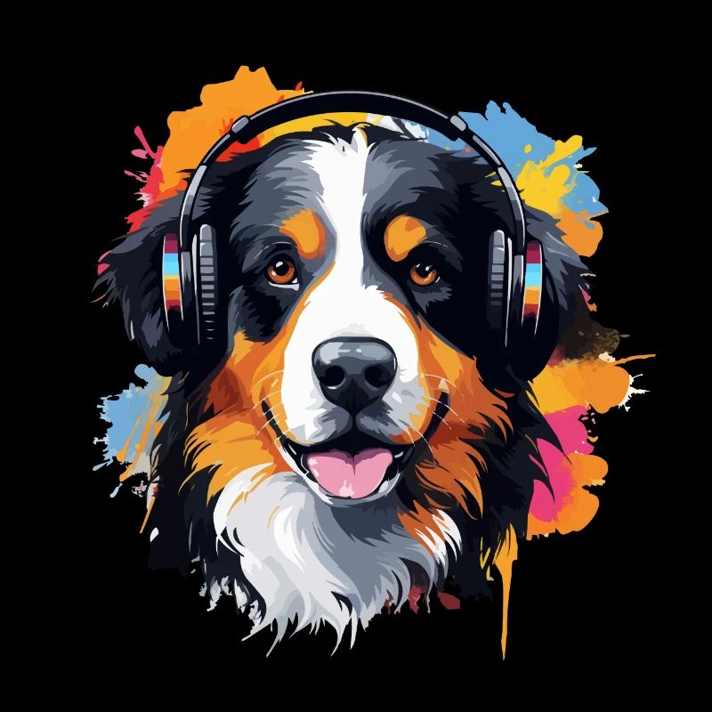 Bunter Berner Sennenhund mit Kopfhörer