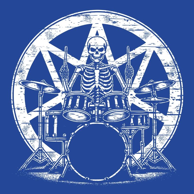 Drummer Skull skeleton on the drum set