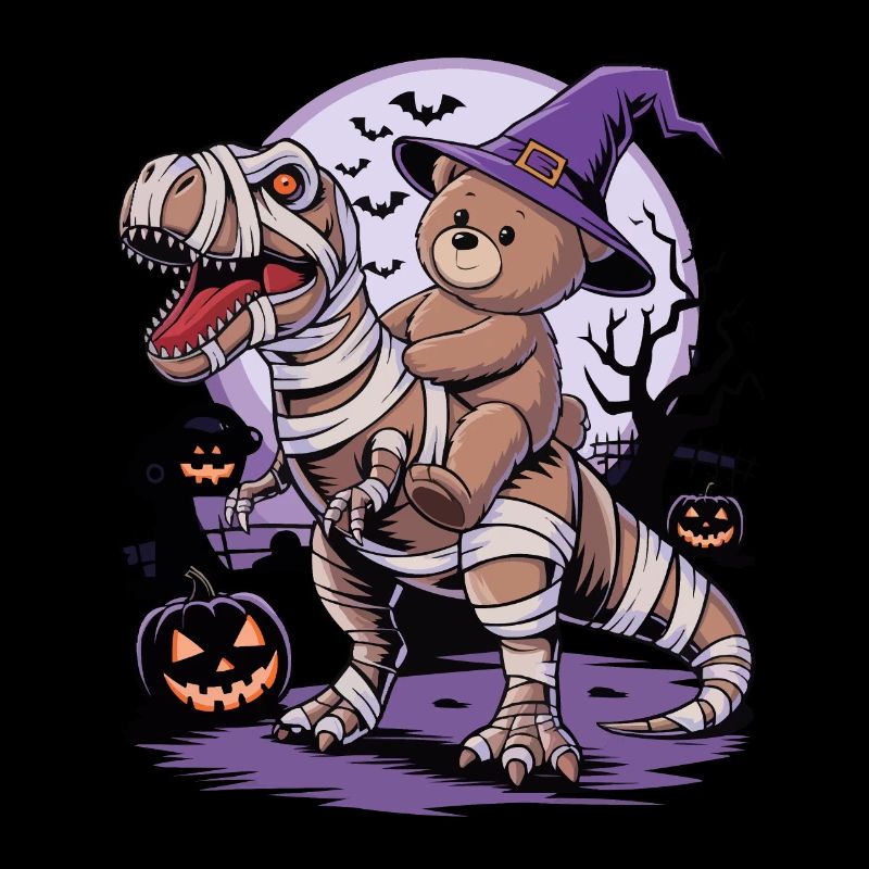 Teddy bear riding a dinosaur on Halloween