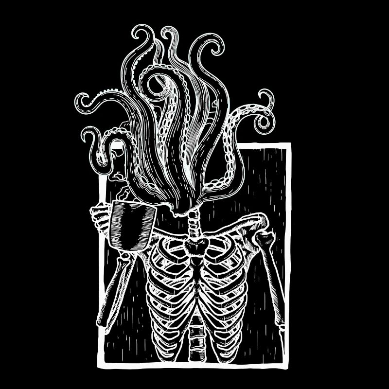 Coffee-drinking skeleton with tentacle head
