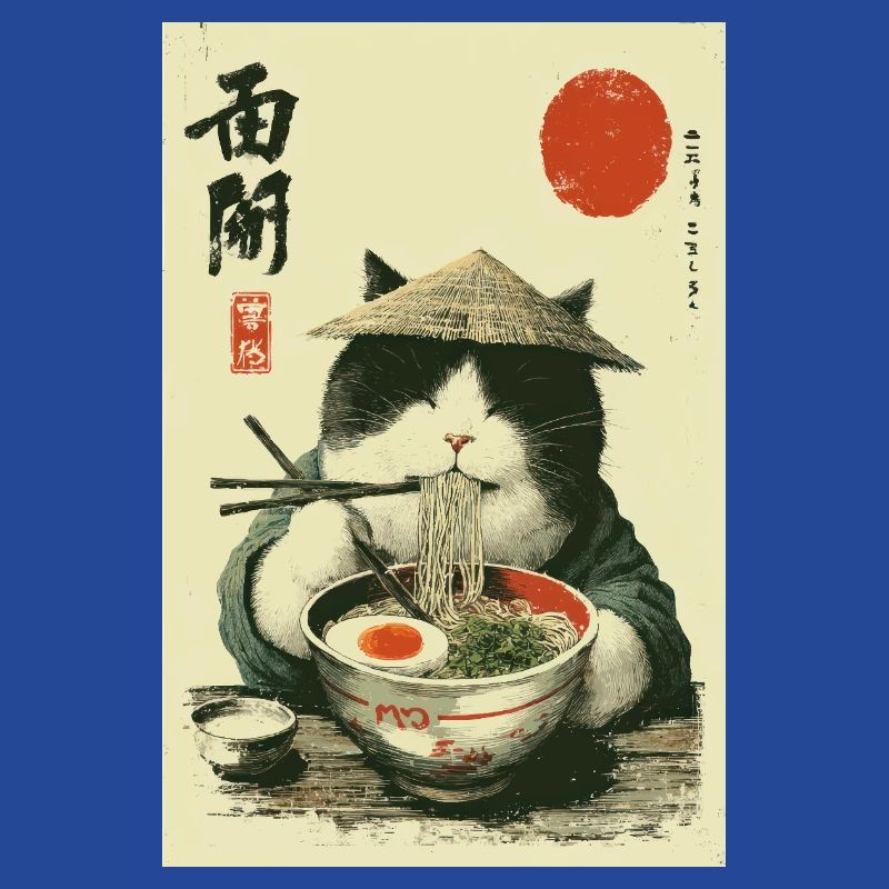 Samurai Cat Enjoying Ramen