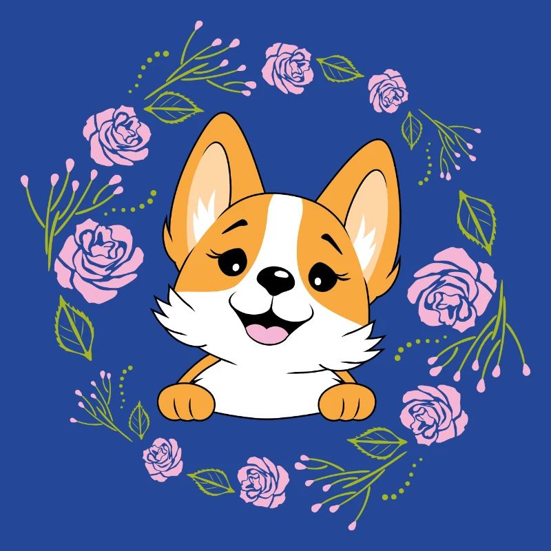 Jeter un coup d’œil heureux chien Corgi dans une couronne de fleurs