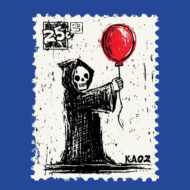 Postage stamp design Grim Reaper with red balloon