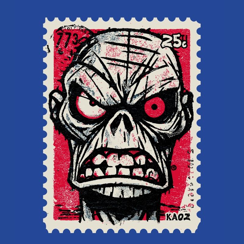 Angry skull on postage stamp