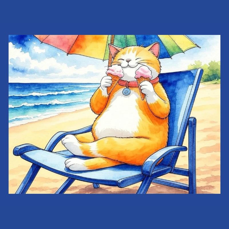 Katze am Strand mit Eiscreme
