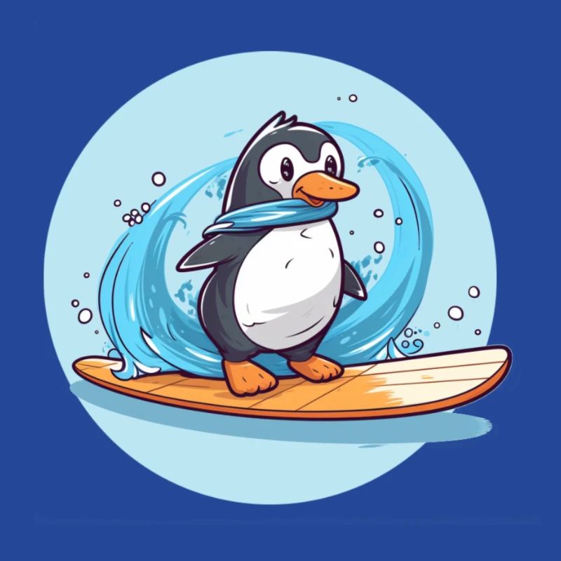 Pingouin surfeur mignon sur une planche de surf