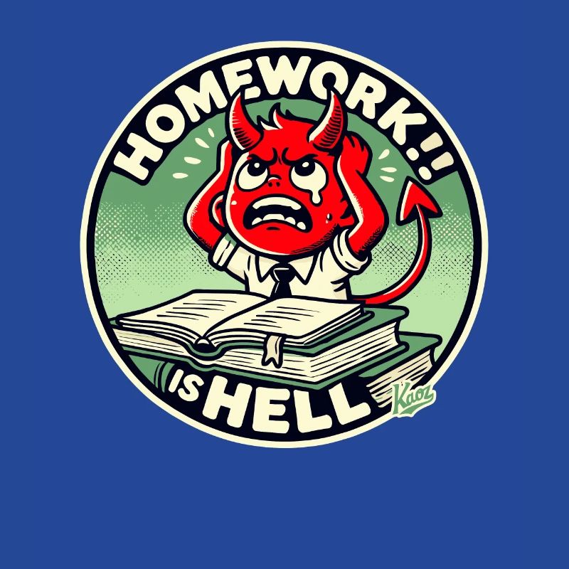 Little devil schoolboy in homework hell