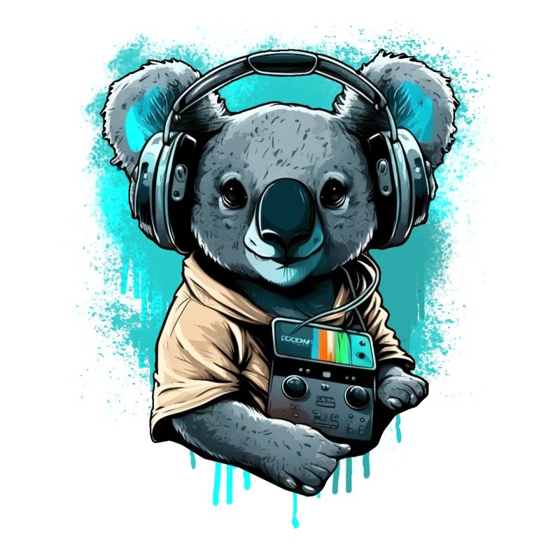 koala avec écouteurs et Walkman