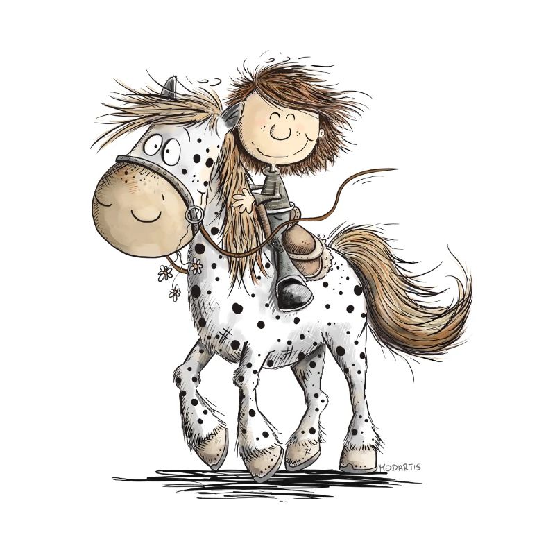 Drolliges Pferd mit Reiter Cartoon Pferdchen