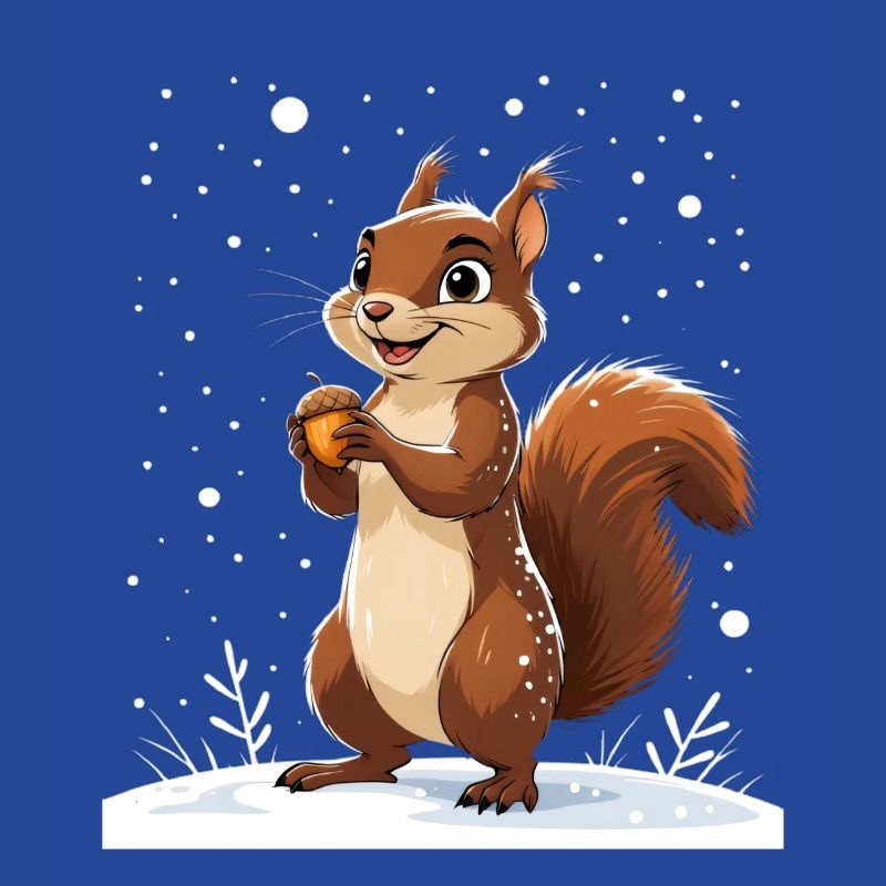 Winterliches Eichhörnchen mit Eichel