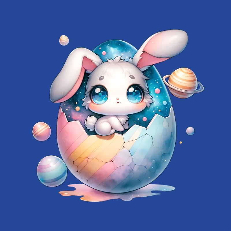 Chibi Space Bunny assis dans un œuf de Pâques fêlé
