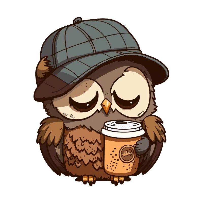 Müde Eule mit einem Kaffeebecher