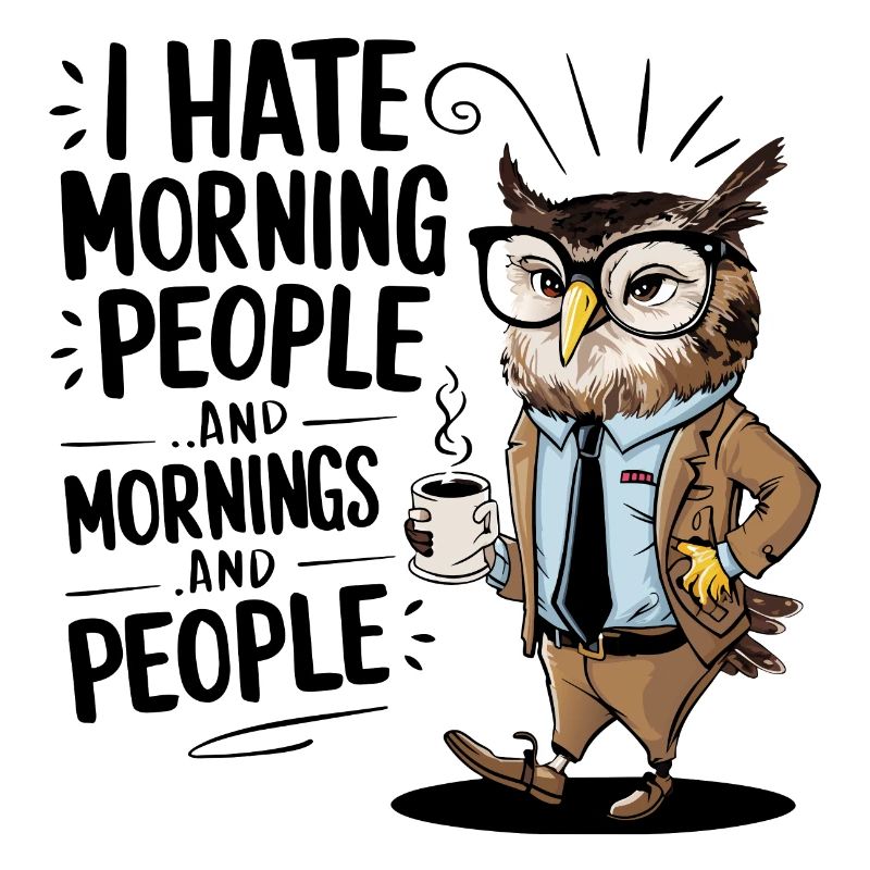 First coffee grumpy owl with coffee cup