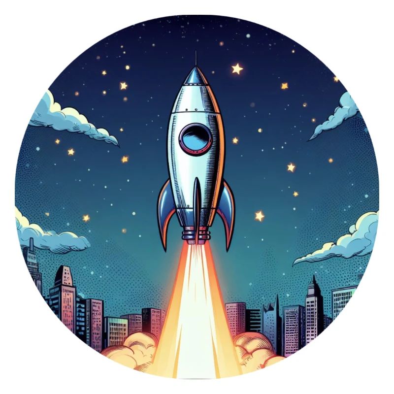 Rakete Start ins All vor Nachthimmel im Comic Stil