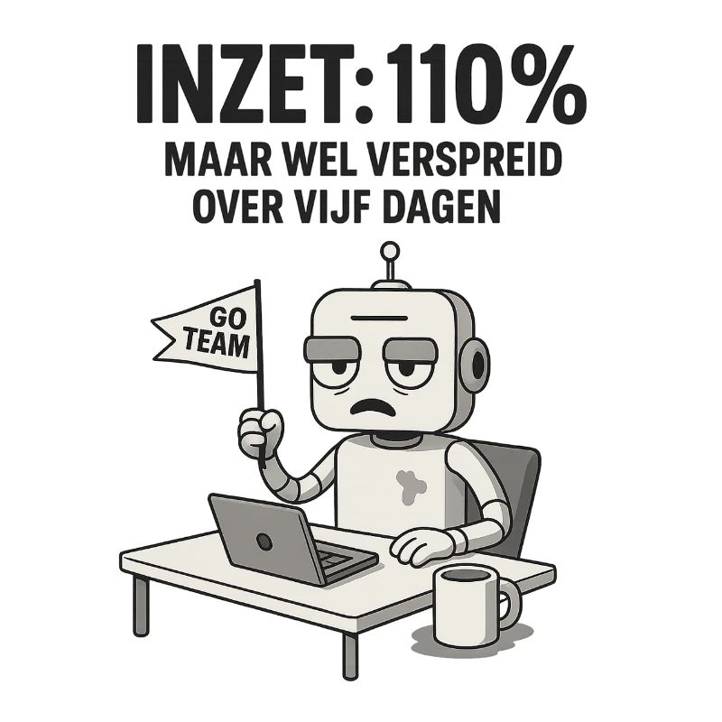 COMMITMENT: 110% – Robot at work with dry humor