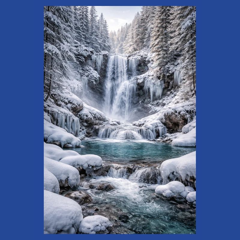 Cascade hivernale dans une forêt enneigée