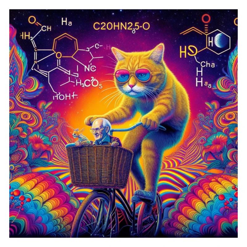 Bicycle Day. Cat psychedelic with bicycle