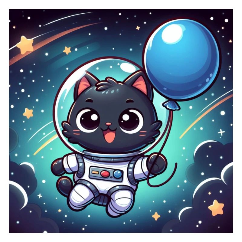 Space Kitty with blue balloon in space