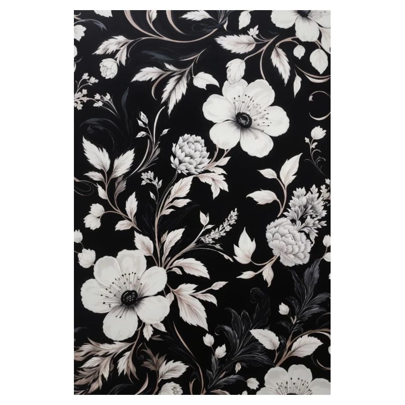 Black background with white floral pattern.
