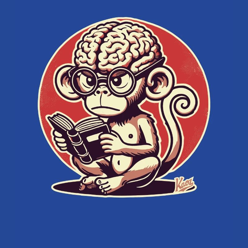 Nerd monkey with big Geirn reading a book