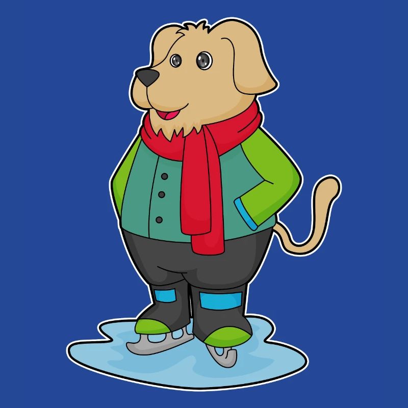 Hund beim Eislaufen mit Schlittschuhe