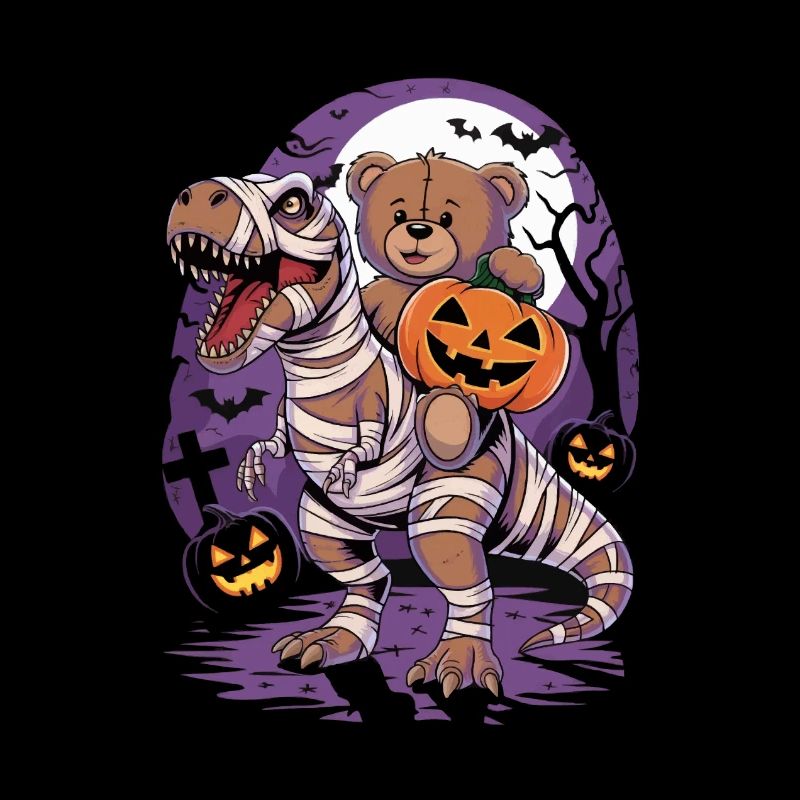 Teddy bear riding a dinosaur on Halloween