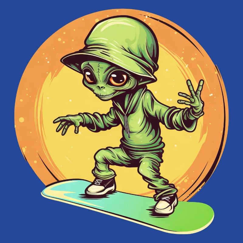 Alien sur le skateboard spatial au coucher du soleil