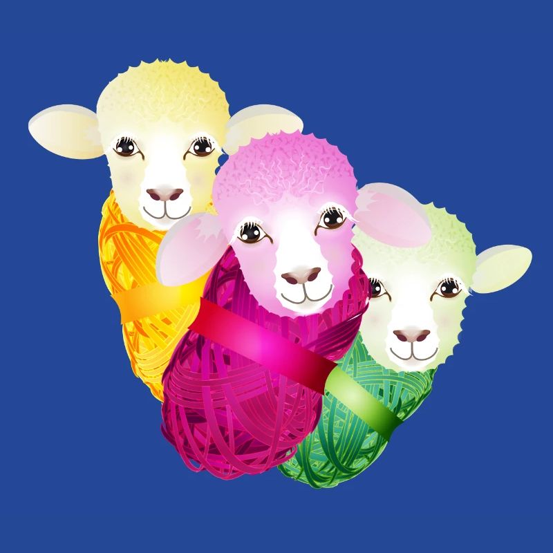 three colourful sheep with colour-coordinated wool
