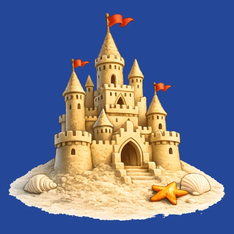 Sandcastle on the beach with shells