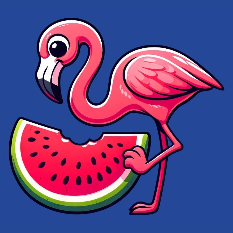 Flamant rose mignon avec un style de dessin animé de pastèque