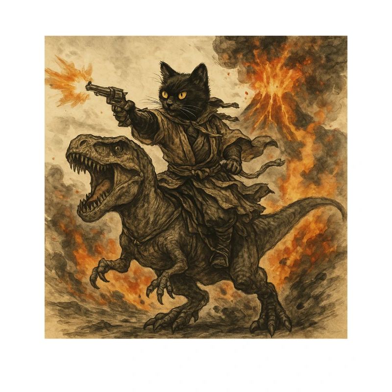 Samurai-Katze reitet auf Dinosaurier bei Vulkanausbruch